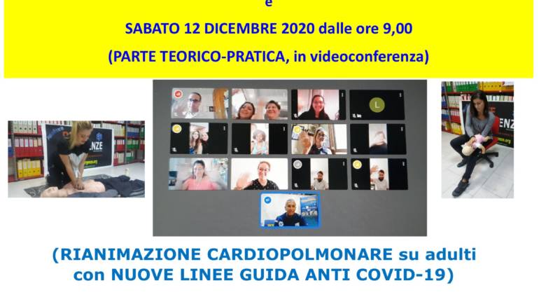 DA GIOVEDI’ 10 A SABATO 12 DICEMBRE 2020, Corso GRATUITO teorico ONLINE di Emergenze Sanitarie extraospedaliere – BLS, con nuove Linee Guida anti COVID-19