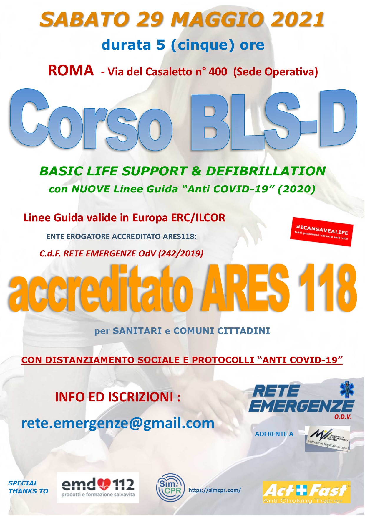 SABATO 29 MAGGIO 2021 ore 9,00 - 14,00 a ROMA, CORSO BLS-D (BASIC LIFE